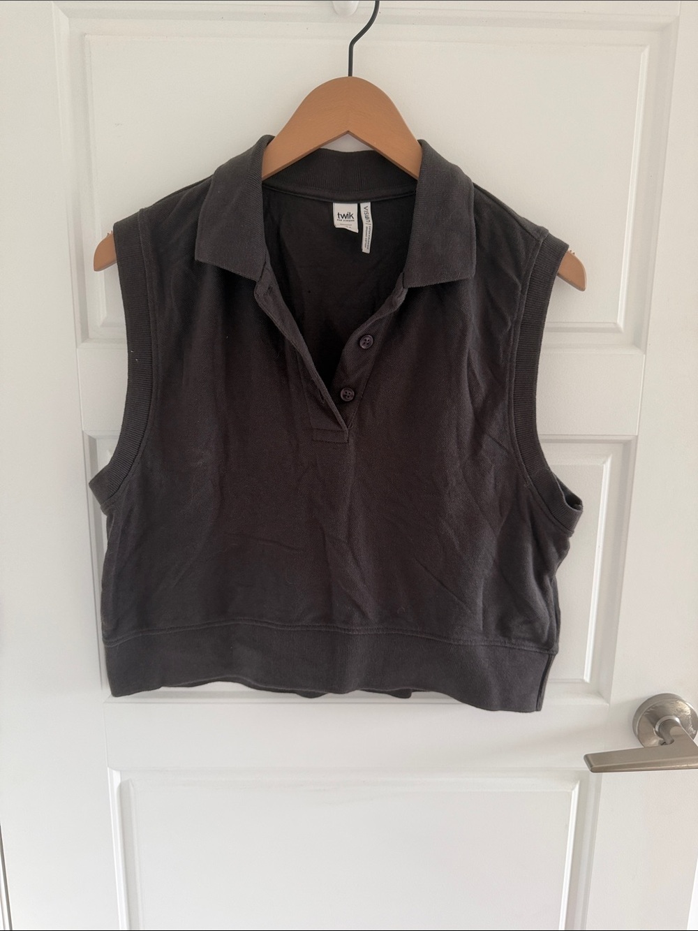 twik Sleeveless Cropped Polo Top in Charcoal Gray S
